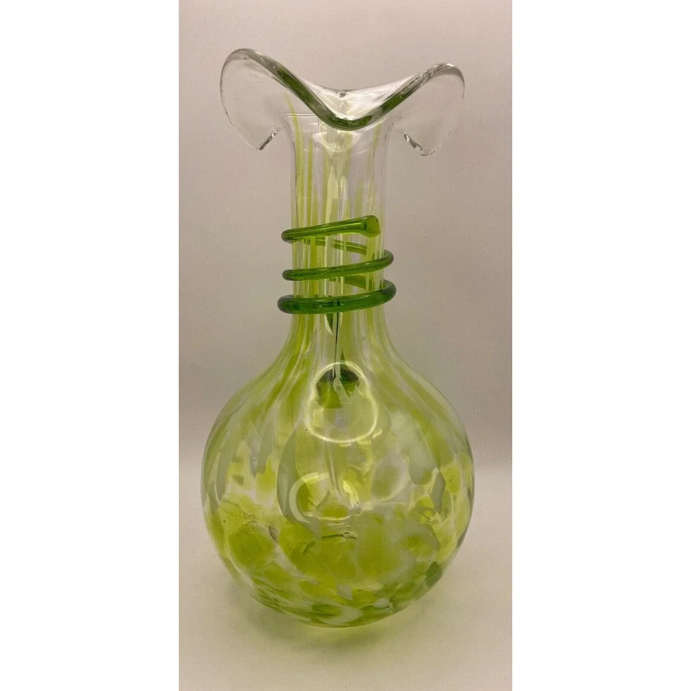Vintage Murano Style Green Vase/Pitcher with Ruffled Lip & Bulb Base With Handle